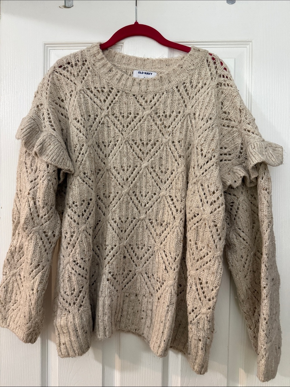 Old Navy Cream Open-Knit Ruffle Shoulder Sweater